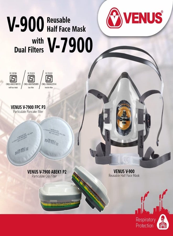 VENUS - V-900 - Half Face Respirator Mask with ABEK1 Multigas Filter Cartridges - ISI Certified, Twist & Click Filter Lock, Chemical & Carcinogenic Respiratory Protection - Combo Pack - Grey - Image 2